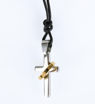 Lederkette mit Anhänger Kreuz/Ring Edelstahl