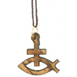 Olivenholzkette Kreuz mit Fisch