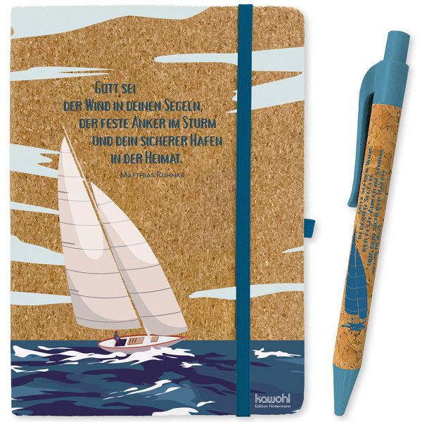 Set: Notizbuch Kork+Kugelschreiber Gott sei der Wind in deinen Segeln