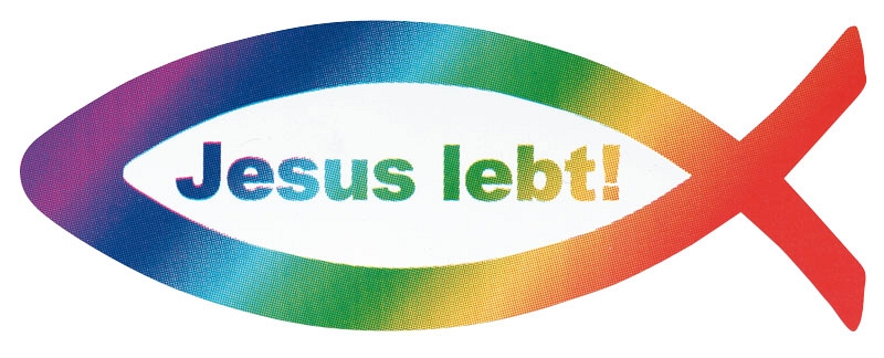 Aufkleber Fisch Jesus lebt - Regenbogen