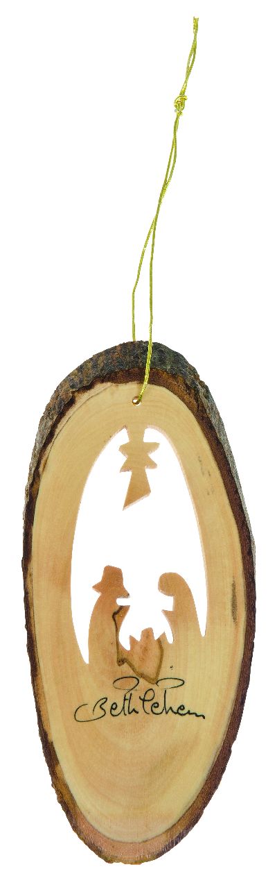 Baumschmuck Krippe in Baumrindenscheibe