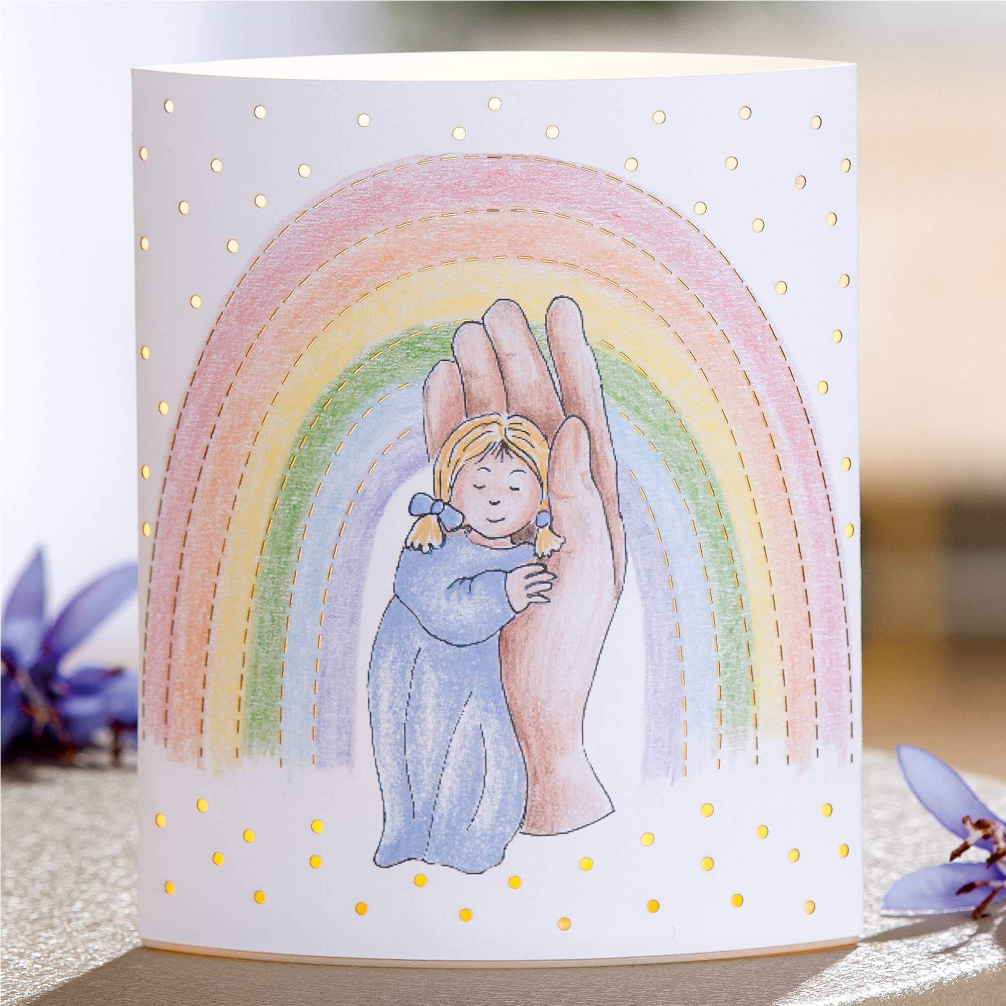 Papier LED-Deko-Leuchte - Kind in Hand mit Regenbogen 