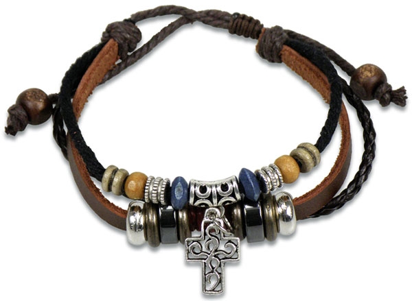 Lederarmband Kreuz/Perlen - bordeaux/braun