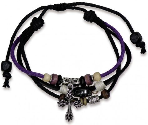 Lederarmband Kreuz/Perlen - lila/schwarz