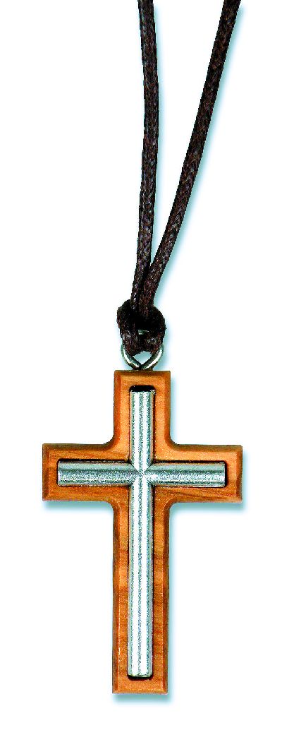 Halskette Kreuz - Silber auf Olivenholz