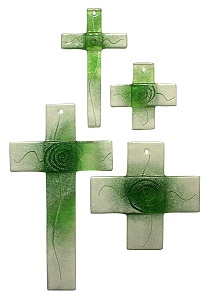 Glaskreuz Q 3cm breit Linie und Spirale grün + weiß 15x15 cm