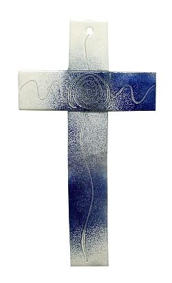 Glaskreuz Q 3cm breit Linie und Spirale weiß + dunkelblau 20x11 cm
