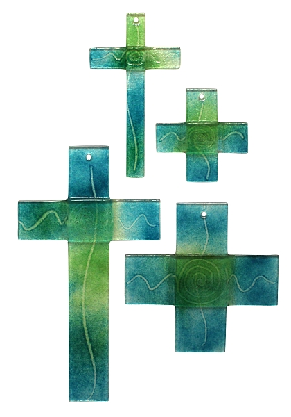 Glaskreuz Q 3cm breit Linie und Spirale Grün u.Blau 9x9cm 