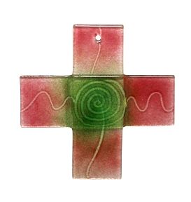 Glaskreuz Q 3cm breit Linie und Spirale grün+Rubin 20+60 9x9cm 