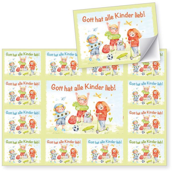 Aufkleber-Gruß-Karten: Gott hat alle Kinder lieb!  .... (12er Set)